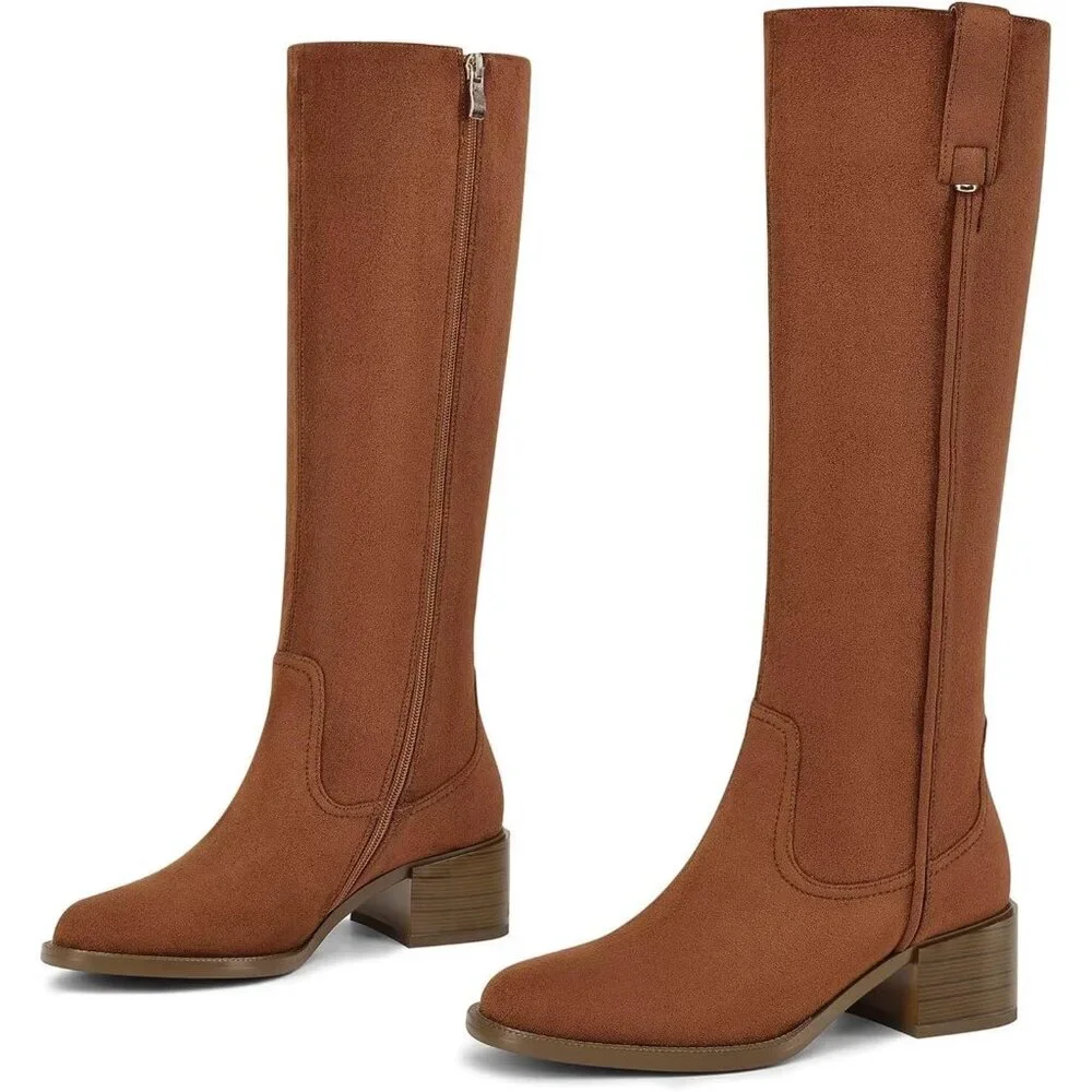 Women's Suede Brown Chunky Low Block Heel Round Toe Faux Leather Knee High Boots
